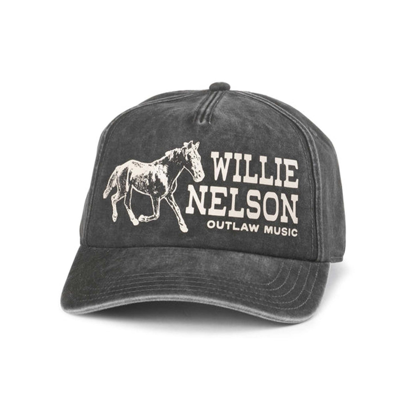 Front view of a black American Needle Willie Nelson snapback hat with a white horse graphic and "Willie Nelson Outlaw Music" text printed on the crown.