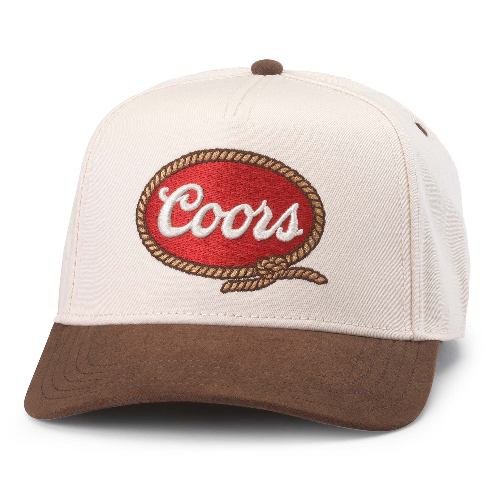 Coors Wrangler Rope Badge Trucker Hat, color beige with a brown bill, adjustable plastic snapback.
This trucker-style cap features a rope-outlined red Coors logo patch on a cream front panel, paired with a contrasting brown bill and button. Whether you're at a rodeo or relaxing by the grill, this hat delivers vintage beer-brand style with comfort and attitude.