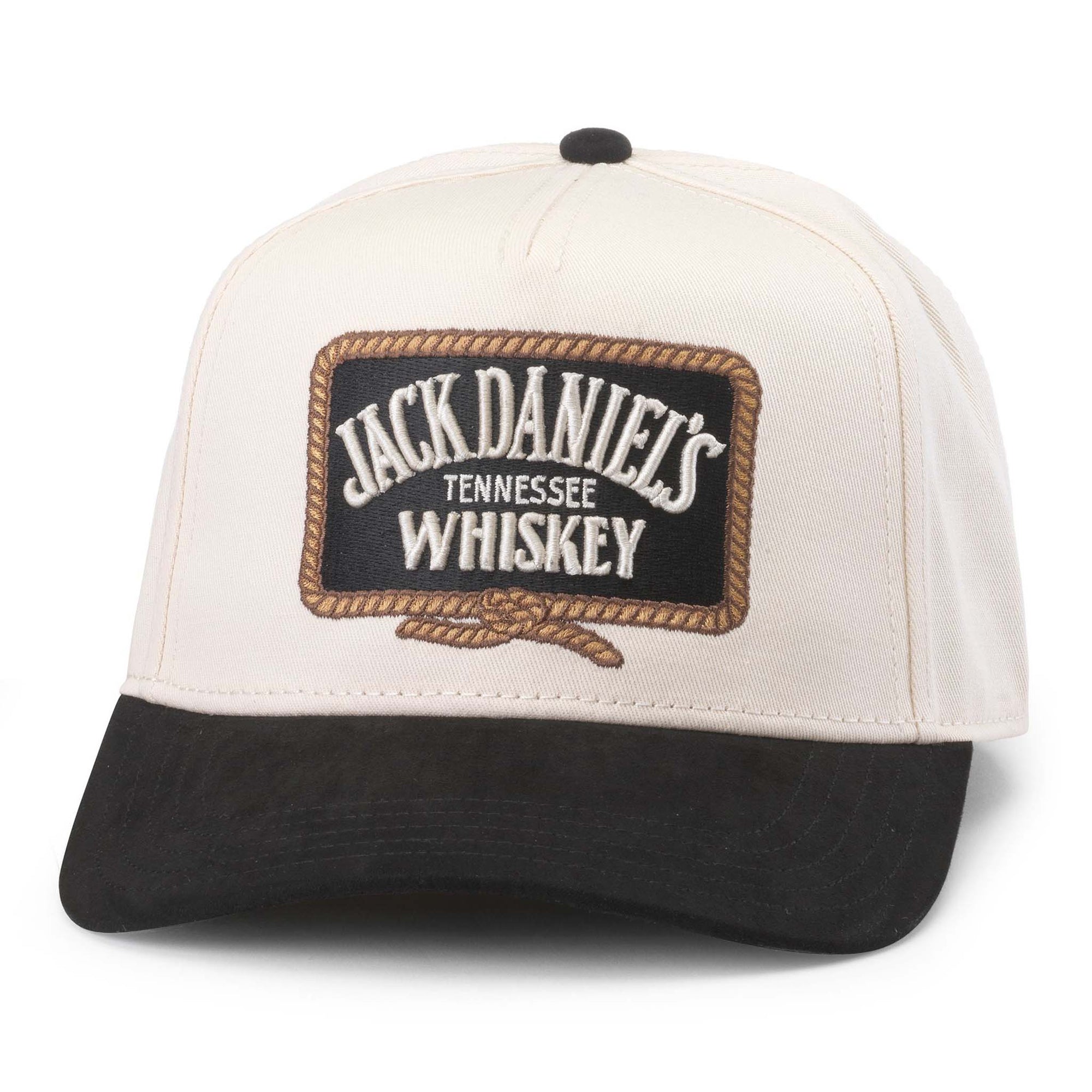 American Needle Jack Daniel's Hat - Front View of Ivory and black snapback hat with embroidered Jack Daniel’s Tennessee Whiskey patch on the front, framed by a brown rope design.