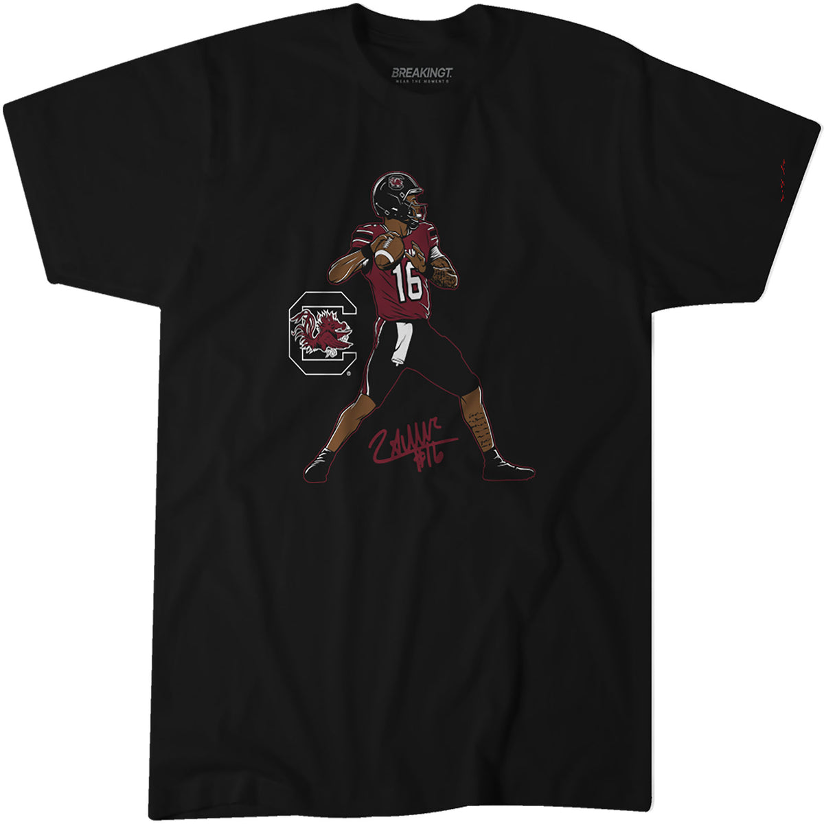 Black South Carolina Gamecocks t-shirt featuring a graphic of a quarterback in garnet jersey number 16 with team logo and player signature in red.
