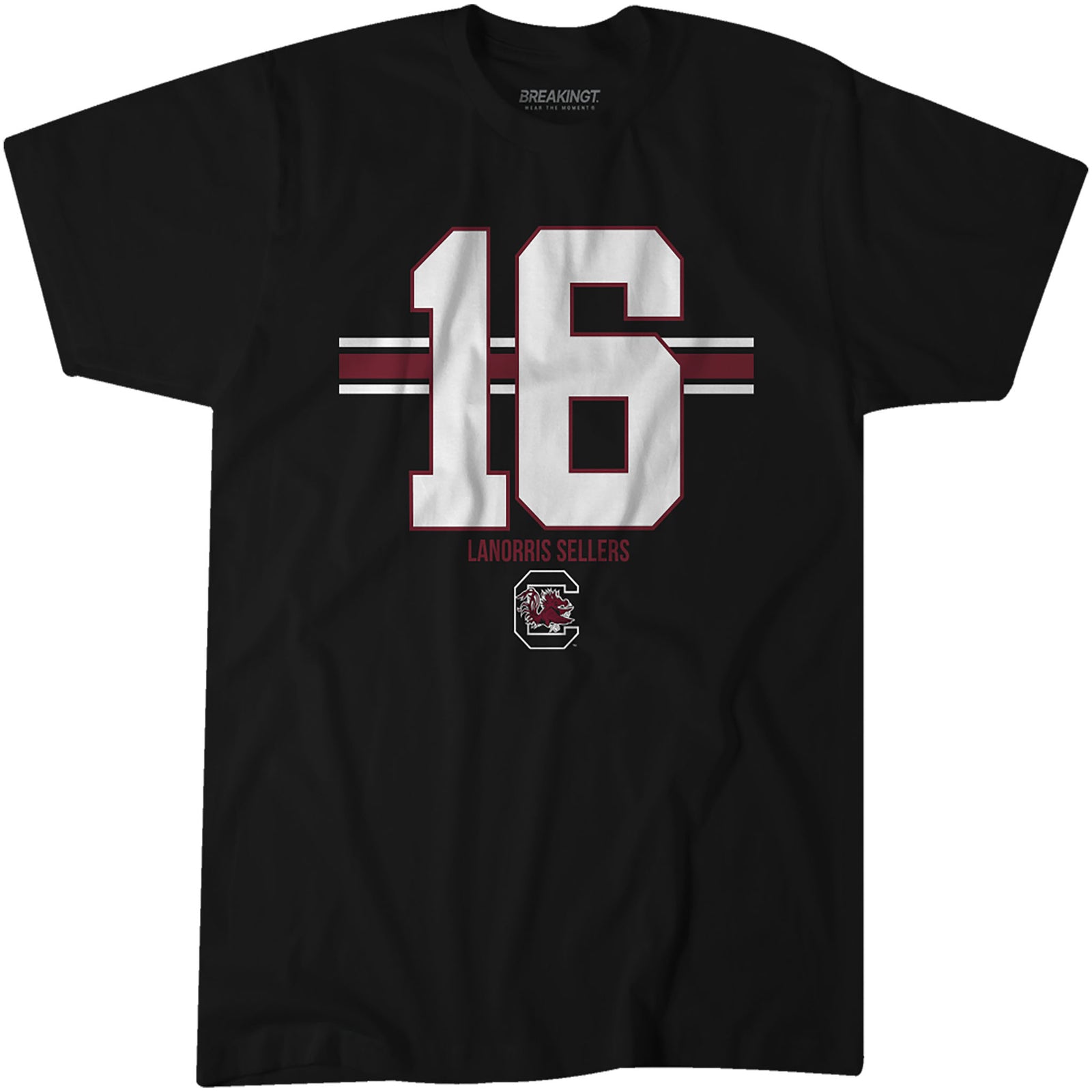 Black South Carolina Gamecocks t-shirt with large white number 16 outlined in garnet, “LaNorris Sellers” text, and team logo beneath the number.