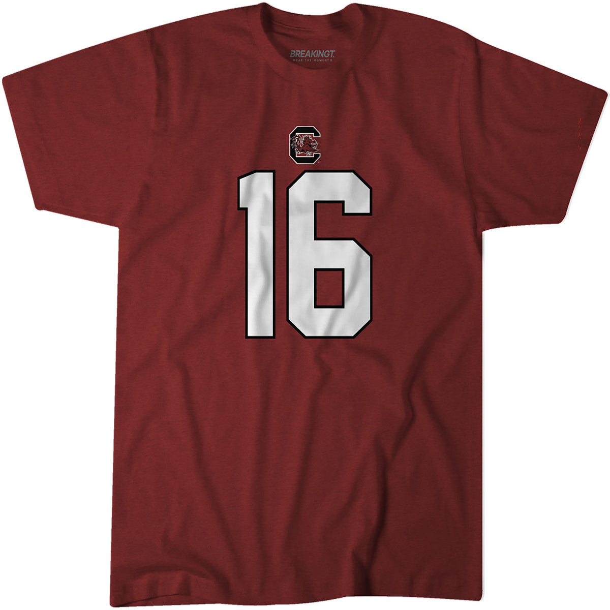 Garnet South Carolina Gamecocks t-shirt with large white number 16 outlined in black and team logo above the number on the chest.