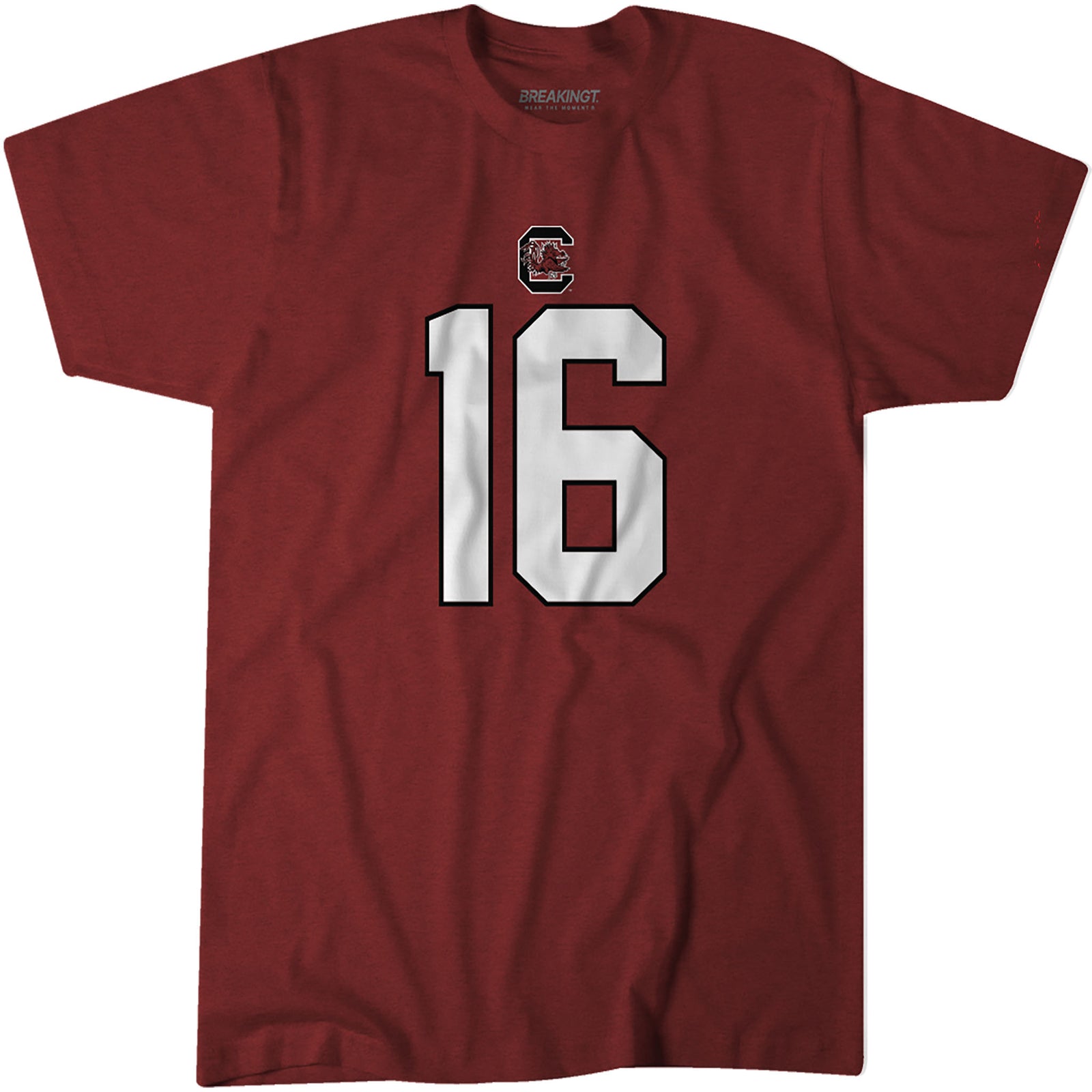 Garnet South Carolina Gamecocks t-shirt with large white number 16 outlined in black and team logo above the number on the chest.