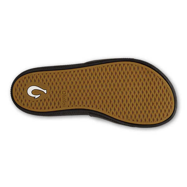 Bottom view of a Single Olukai Women's Ulele Sandal in Black shown on a white background.