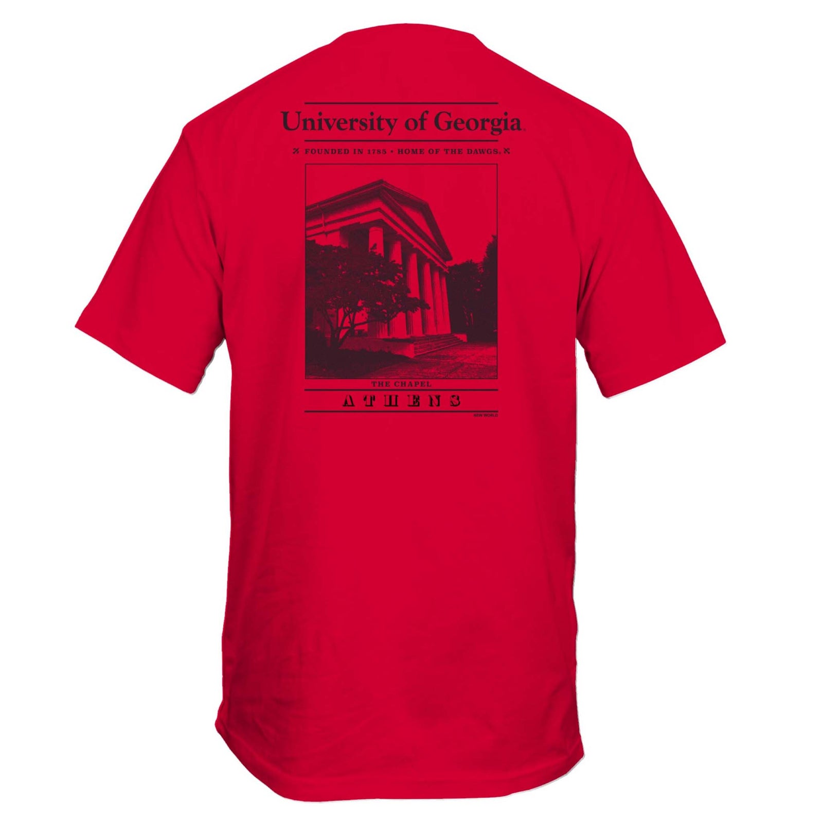 Back of red t-shirt with University of Georgia Chapel graphic and “Athens” label in black.