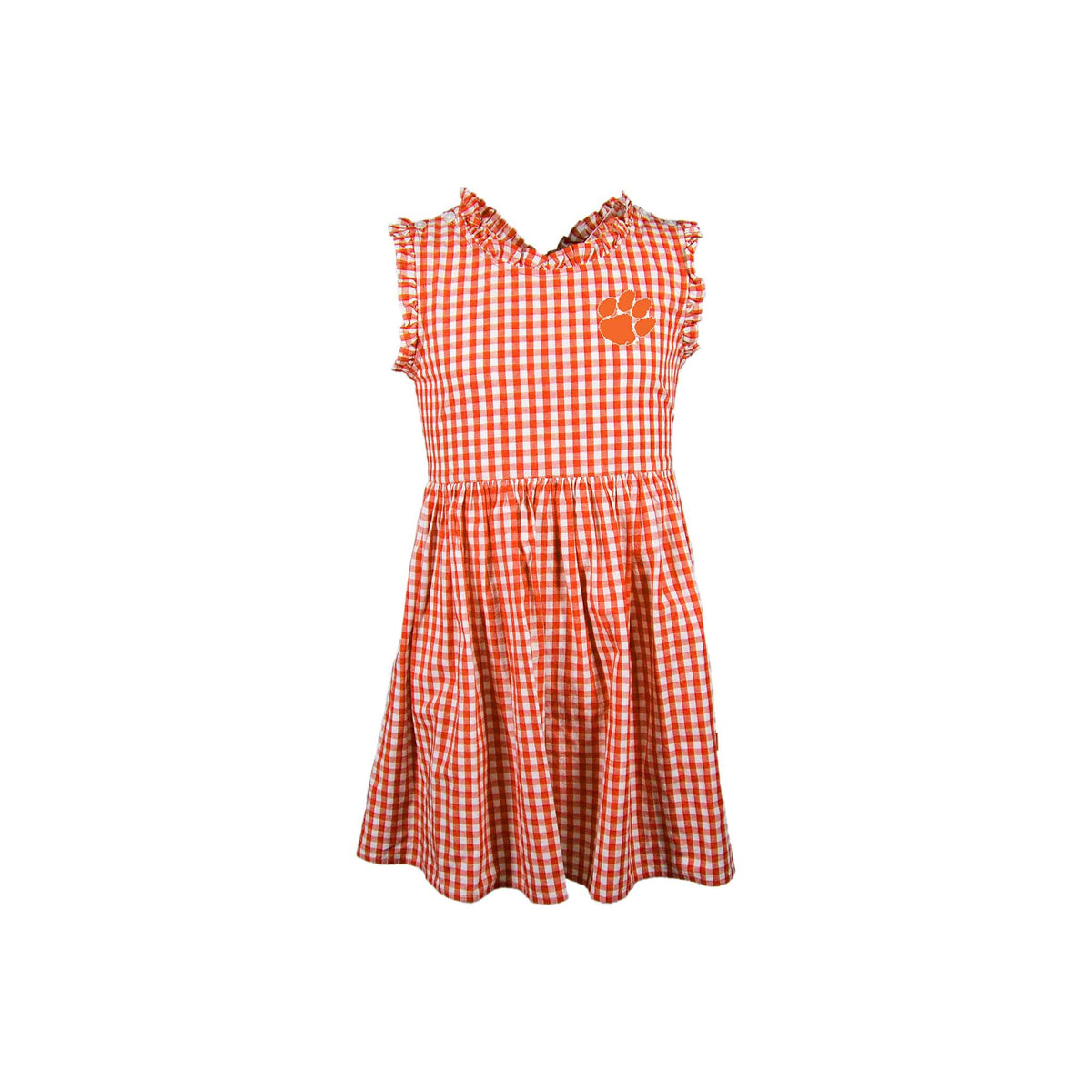 Clemson girls' gingham dress in orange and white with ruffled sleeves and neckline, featuring an orange paw logo on the chest.