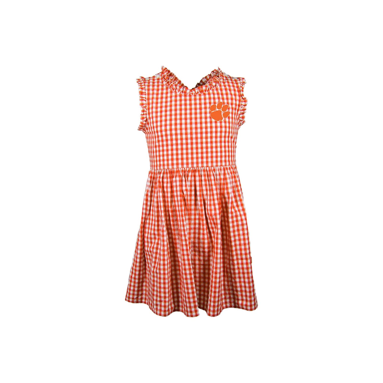 Clemson girls' gingham dress in orange and white with ruffled sleeves and neckline, featuring an orange paw logo on the chest.