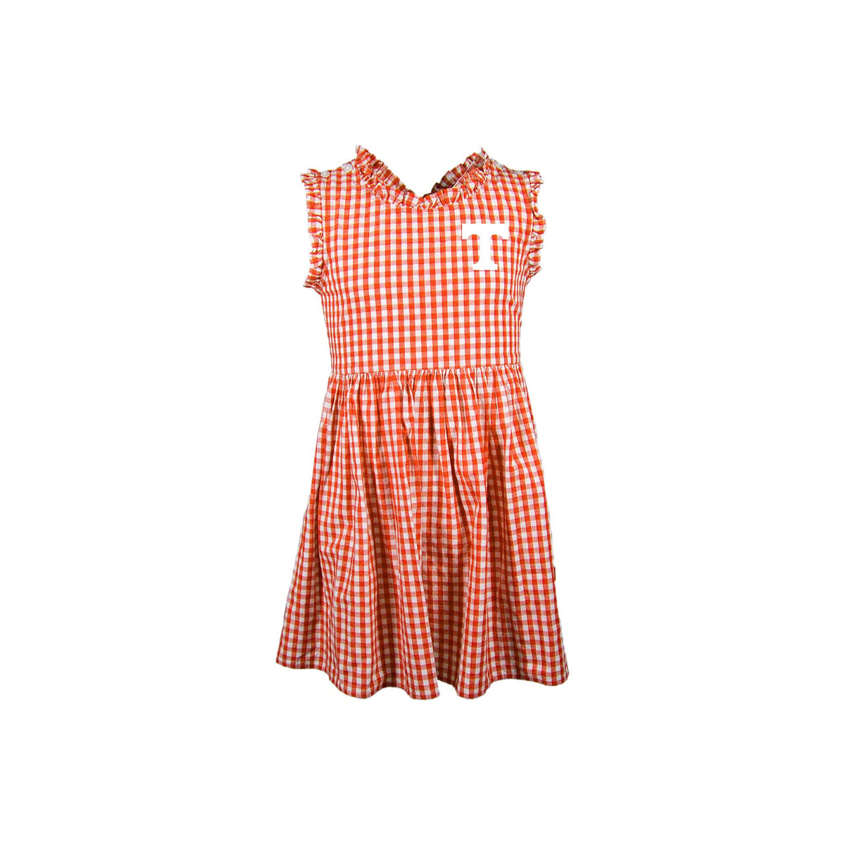 Tennessee Volunteers girls' orange and white gingham dress with ruffled neckline and sleeves, featuring a white “T” logo on the chest.
