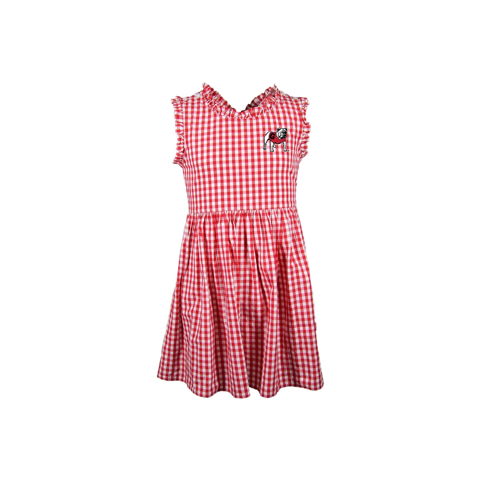 Georgia Bulldogs girls' red and white gingham dress with ruffled sleeves and neckline, featuring the Georgia mascot on the chest.