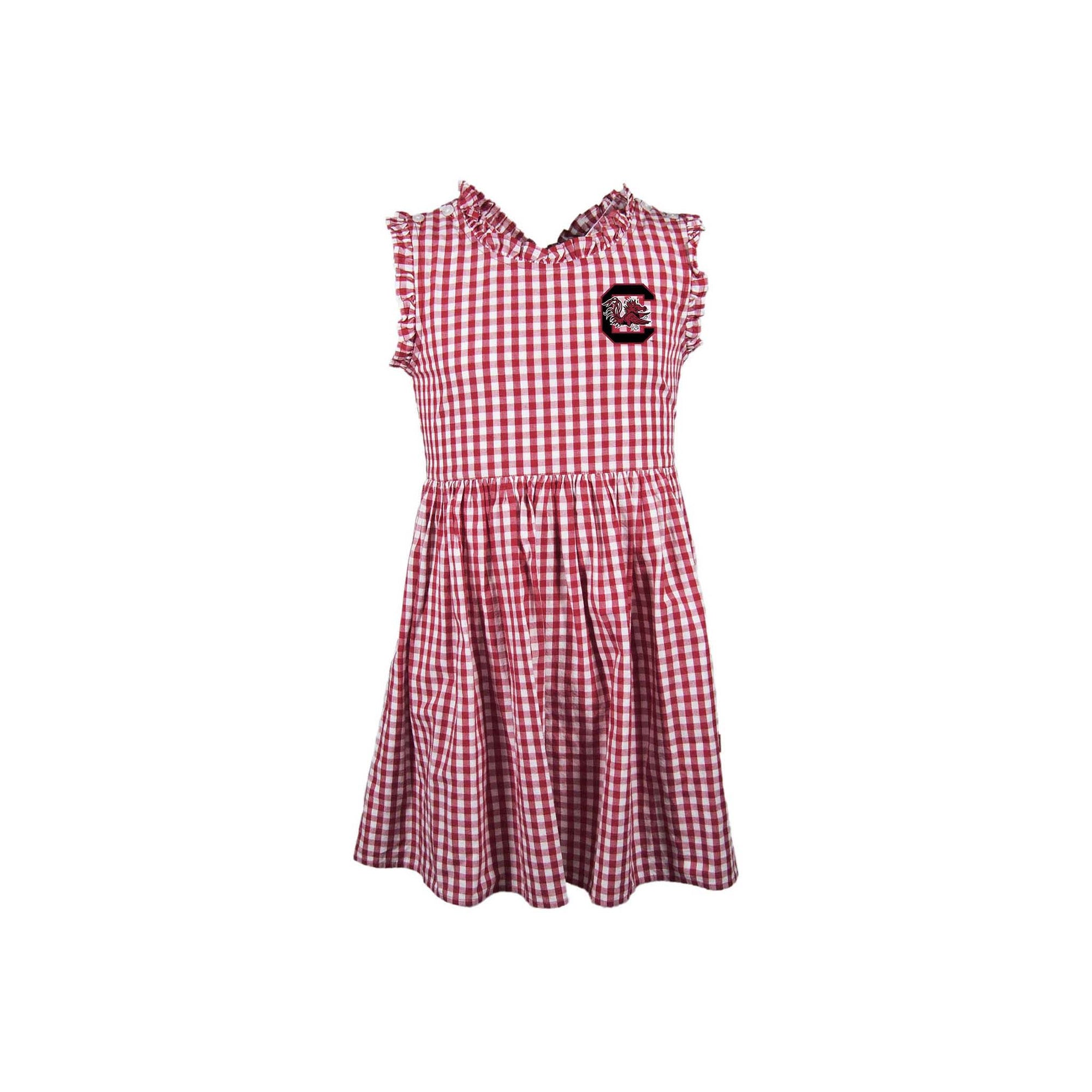 Toddler South Carolina Gamecocks gingham dress in garnet and white with ruffle trim and embroidered logo on chest.
