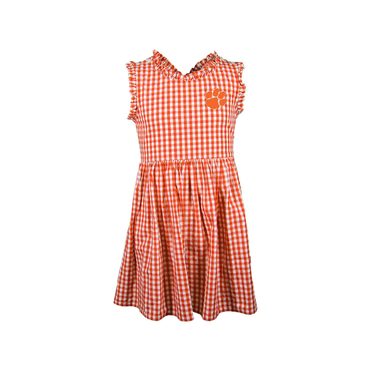 Clemson girls' gingham dress in orange and white with ruffled sleeves and neckline, featuring an orange paw logo on the chest.