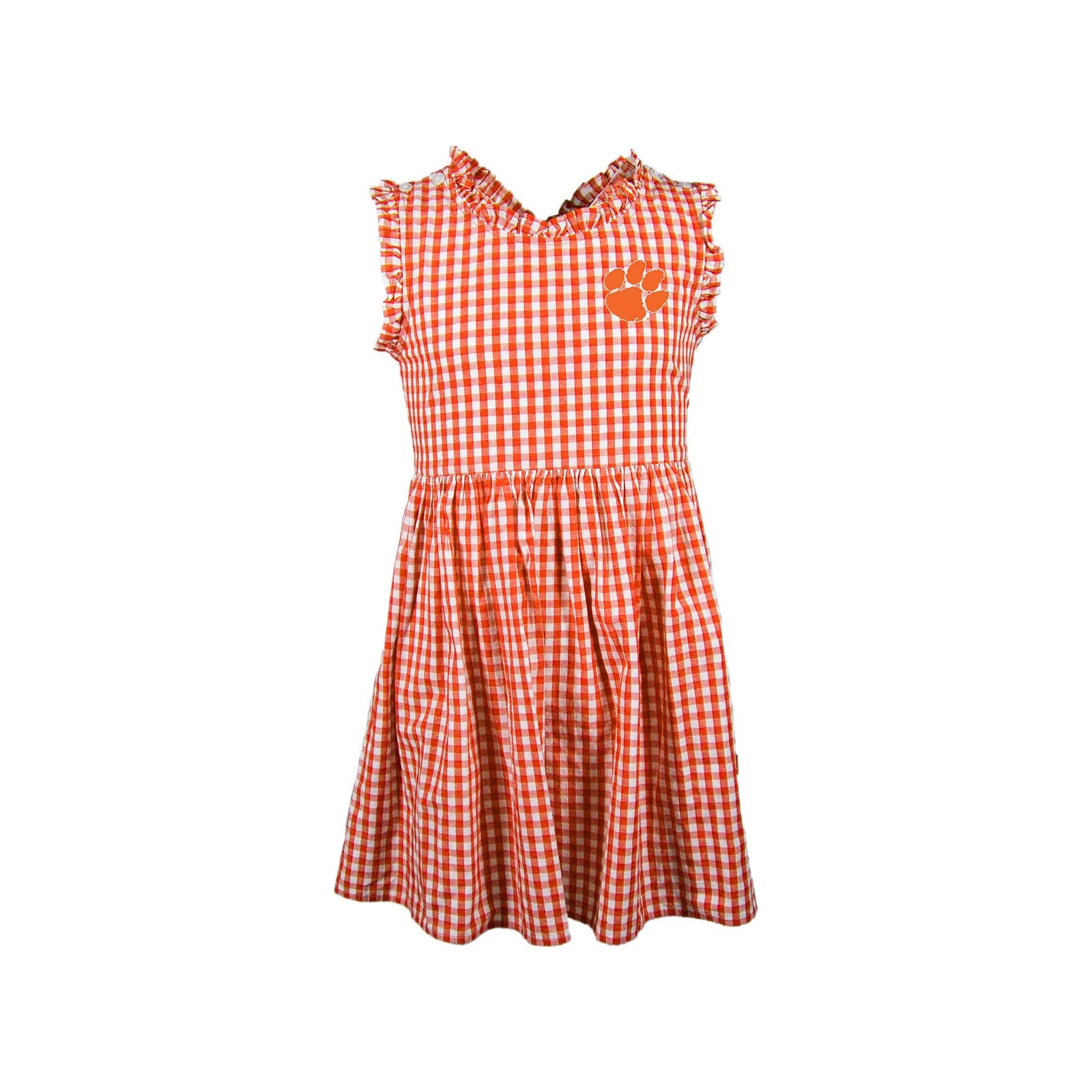 Clemson girls' gingham dress in orange and white with ruffled sleeves and neckline, featuring an orange paw logo on the chest.