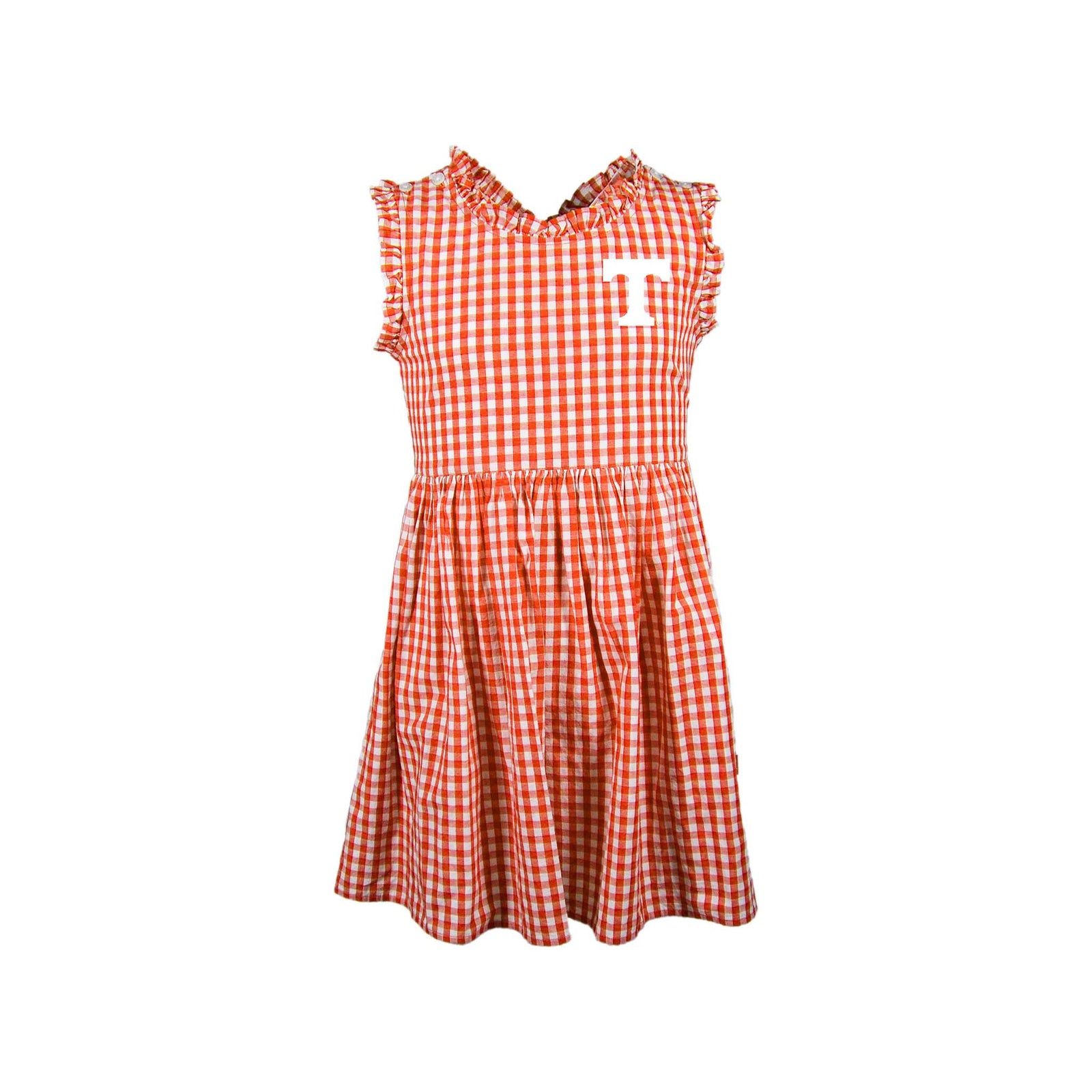Tennessee Volunteers girls' orange and white gingham dress with ruffled neckline and sleeves, featuring a white “T” logo on the chest.