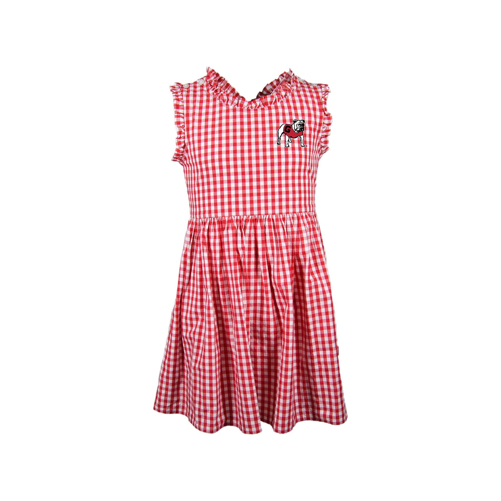 Georgia Bulldogs girls' red and white gingham dress with ruffled sleeves and neckline, featuring the Georgia mascot on the chest.