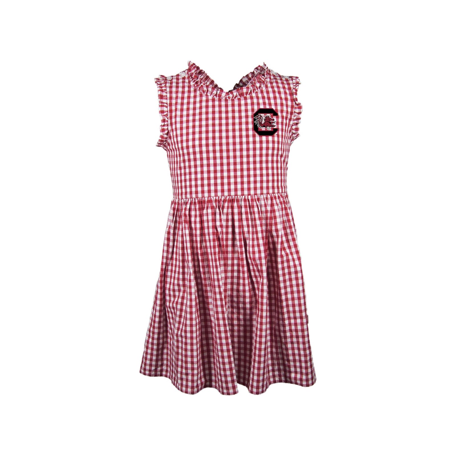 South Carolina girls' gingham dress in garnet and white with ruffled sleeves and neckline, featuring the Block C Gamecock logo on the chest.
