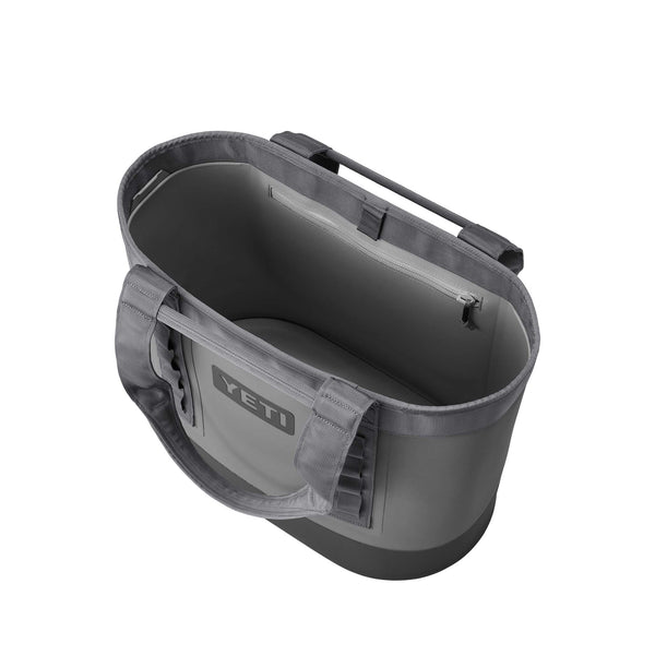 Top-down view of YETI Camino 35 Carryall Storm Gray interior showing large open compartment with single zip pocket.
