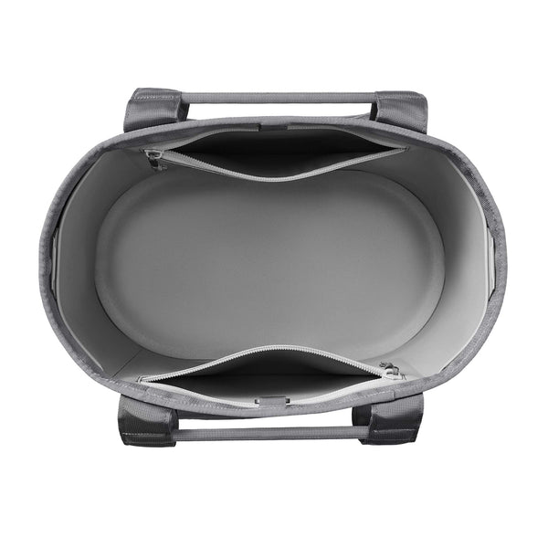Top-down view of YETI Camino 35 Carryall Storm Gray interior showing large open compartment with two zip pockets open for visibility.