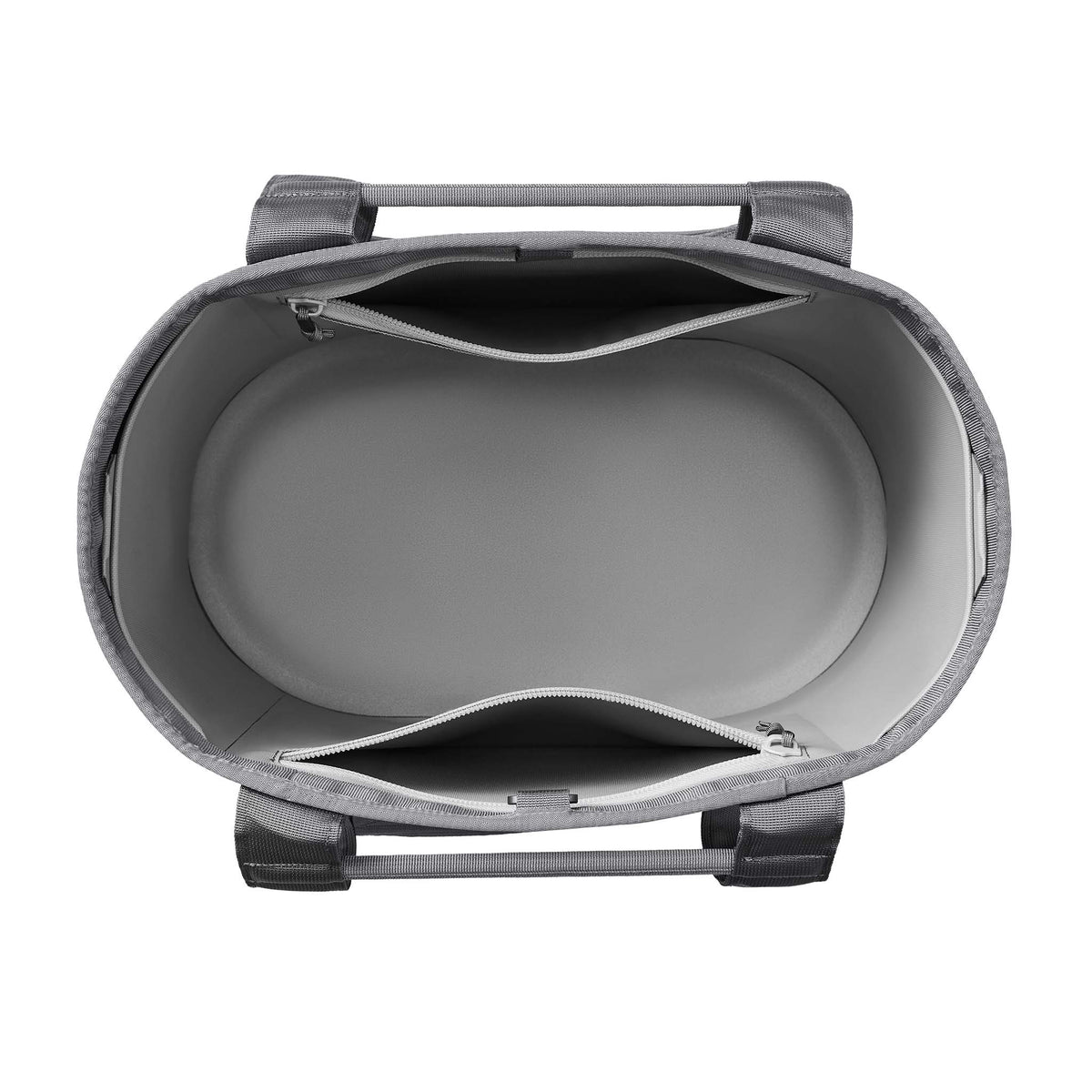 Top-down view of YETI Camino 35 Carryall Storm Gray interior showing large open compartment with two zip pockets open for visibility.