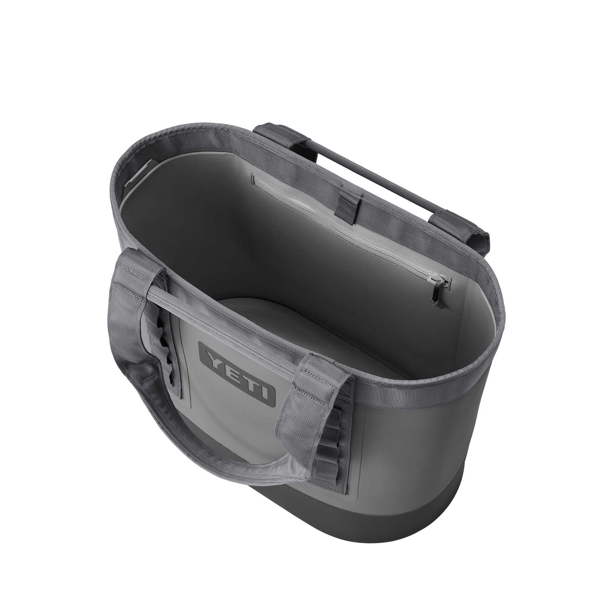 Top-down view of YETI Camino 35 Carryall Storm Gray interior showing large open compartment with single zip pocket.