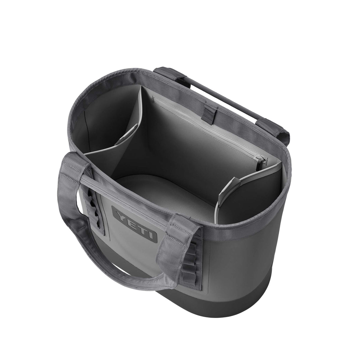 YETI Camino Carryall 35 in Storm Gray with deployable dividers extended inside the main compartment for organization.