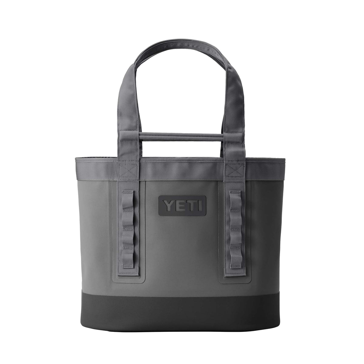 Front view of YETI Camino Carryall 35 in Storm Gray with dual handles, HitchPoint grid, and structured waterproof shell.