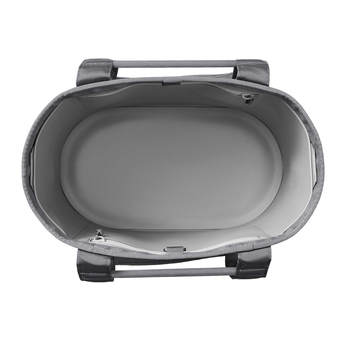 Top-down view of YETI Camino 35 Carryall Storm Gray interior with two zippered interior pockets fully closed.