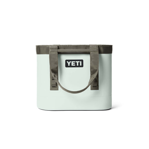 YETI two toned green tote bag shown from the front with the straps down.