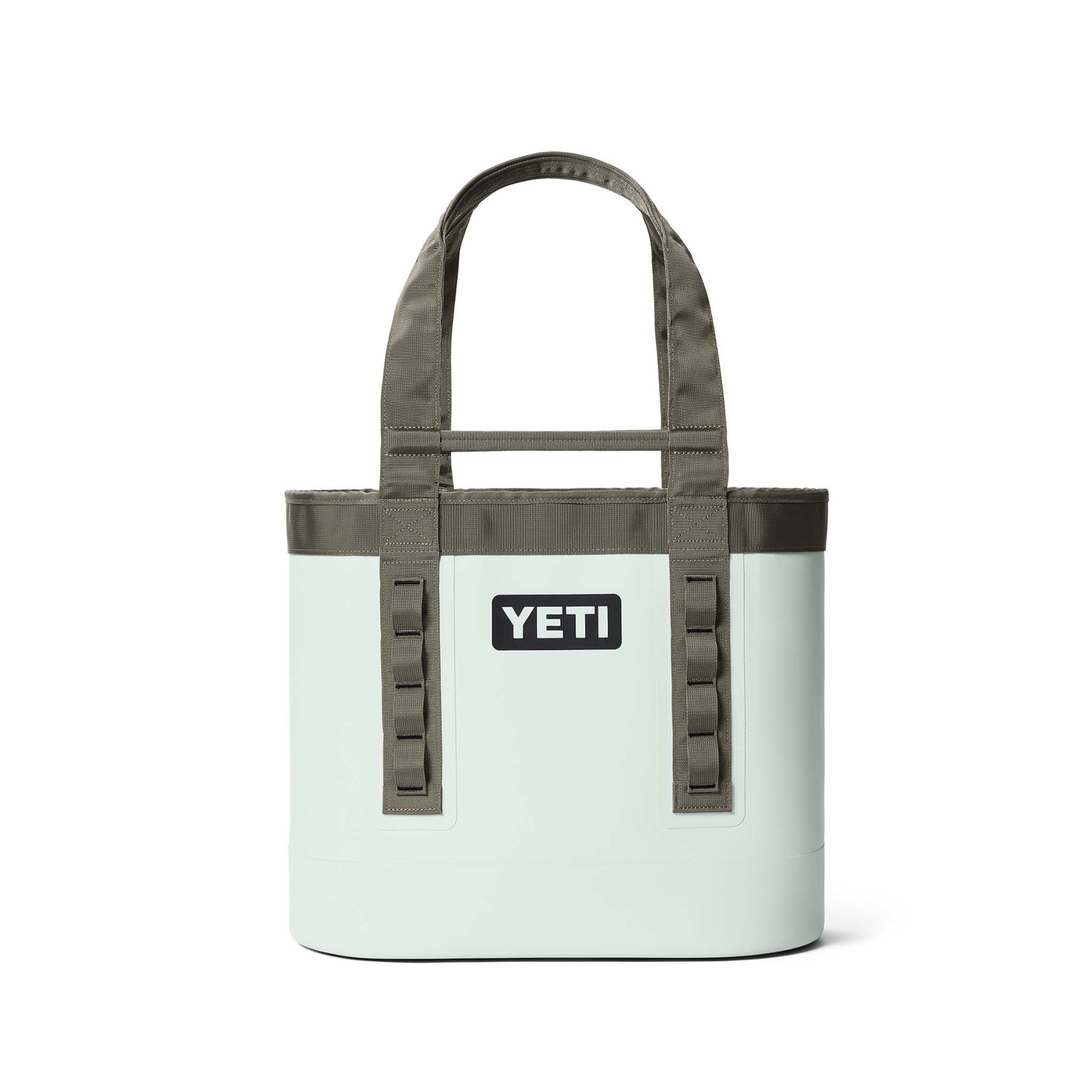 YETI two tone green Camino tote bag shown from the front with the straps up.