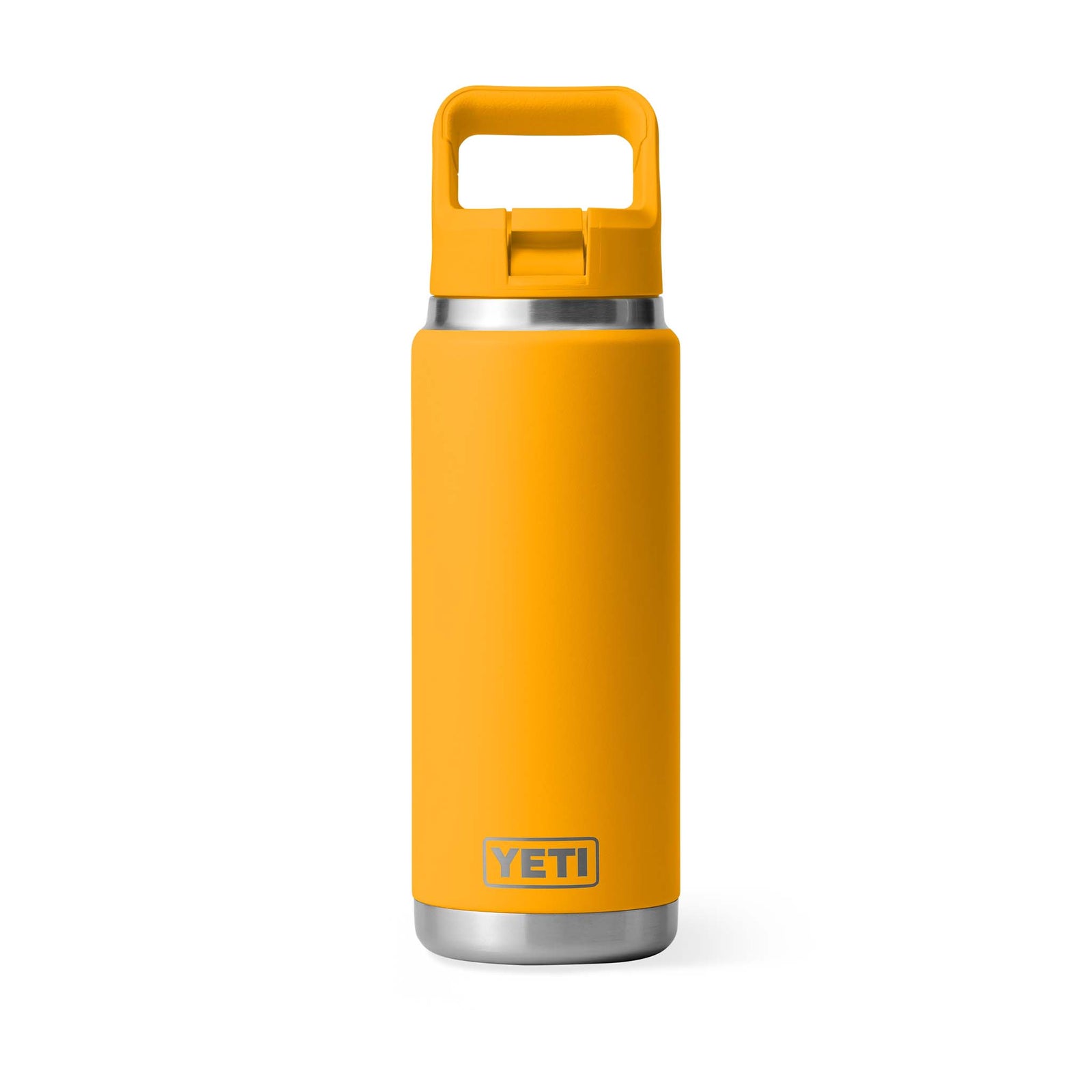 Front view of the Yeti Coolers Rambler 26 oz straw water bottle in Beekeeper yellow with stainless steel base, silver YETI logo, and straw lid handle upright.