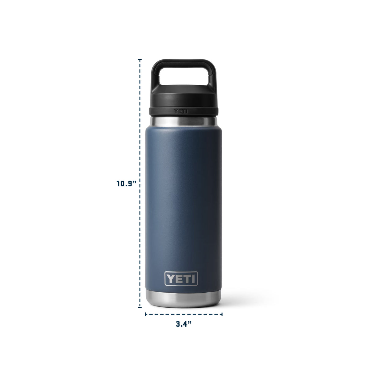 infographic of a yeti navy Rambler 26oz Chug Bottle showing measurements