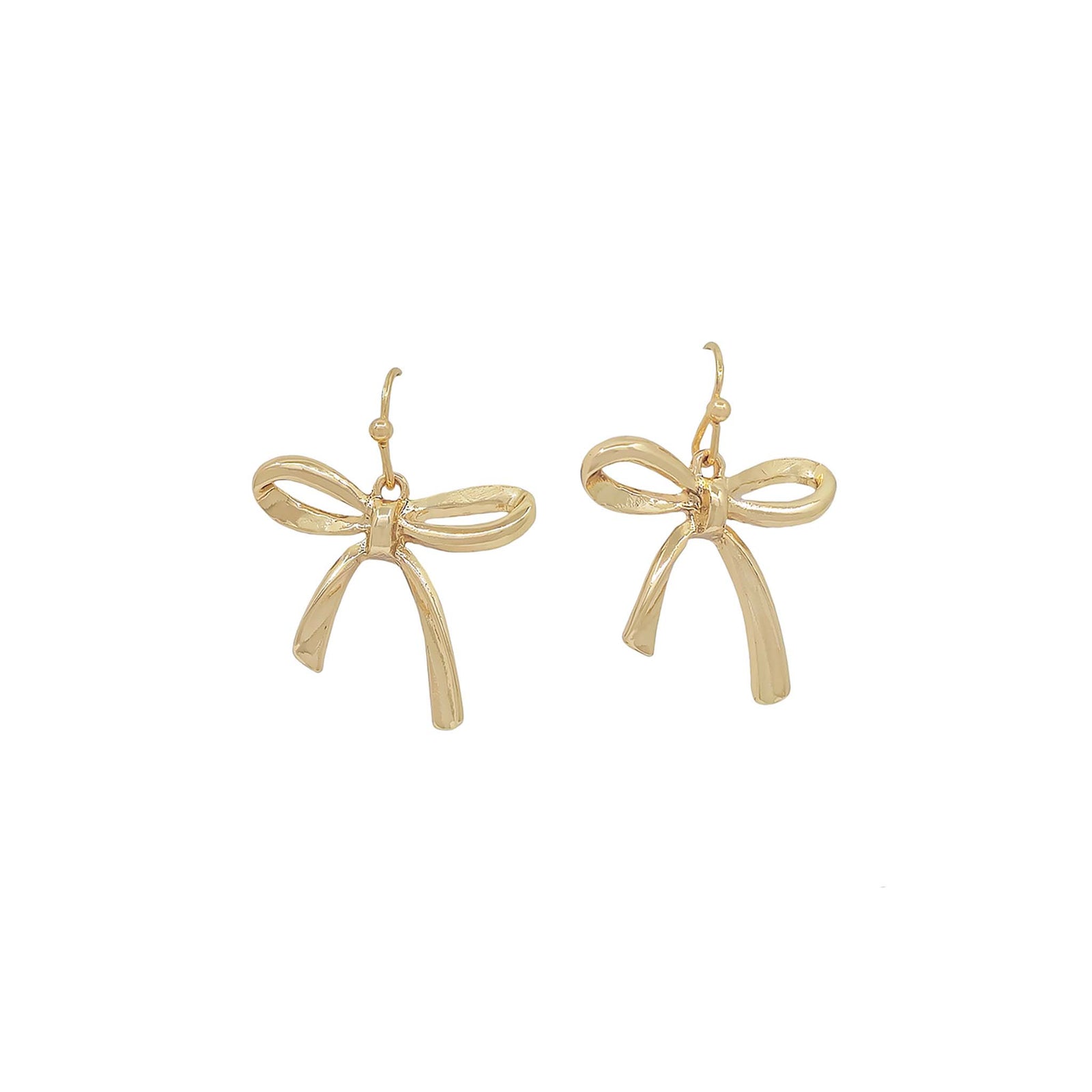Gold-tone drop earrings with open bow design and fishhook backs, featuring soft loops and flowing ribbon detail.