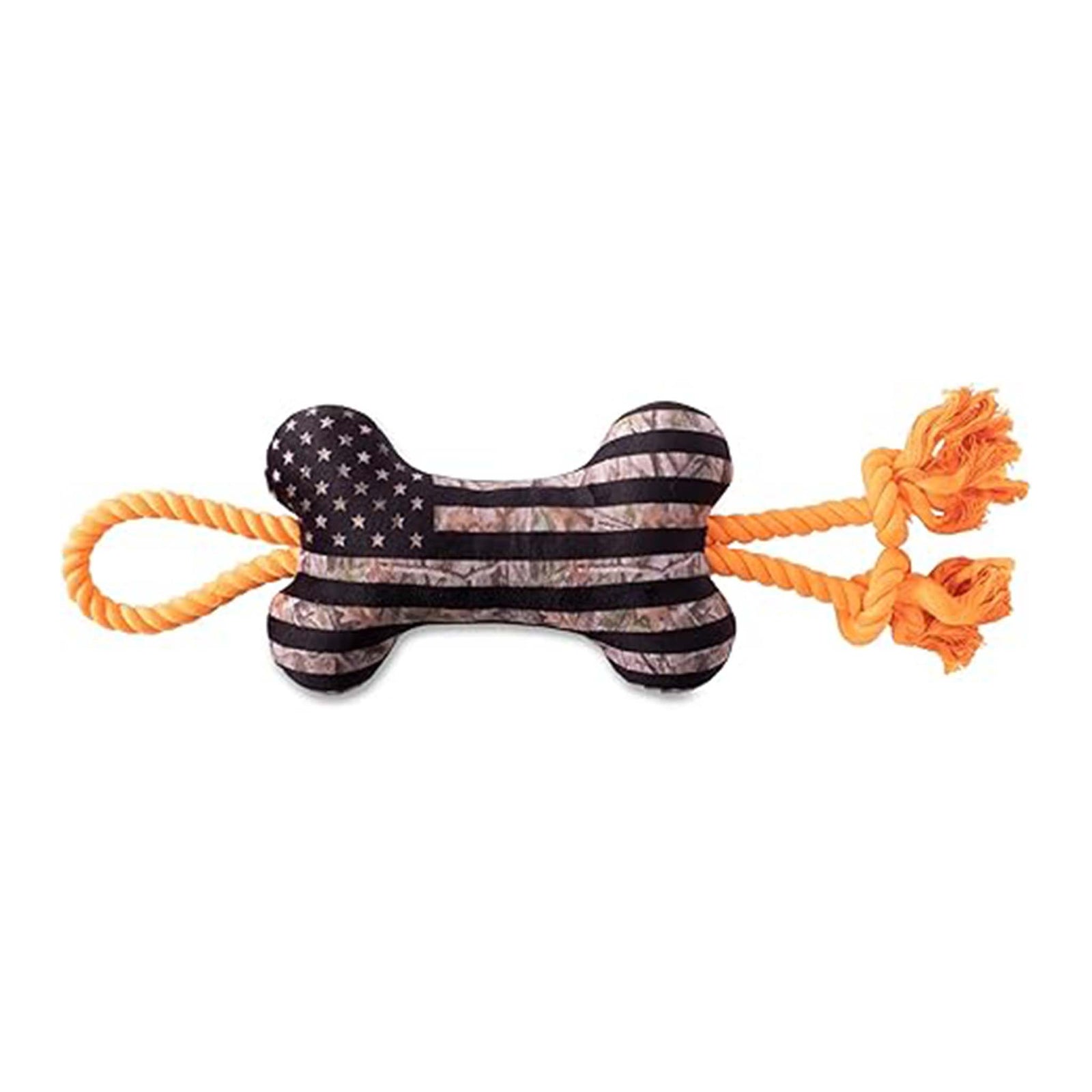 Fringe studio camo american flag plush dog toy with tug of war rope.
