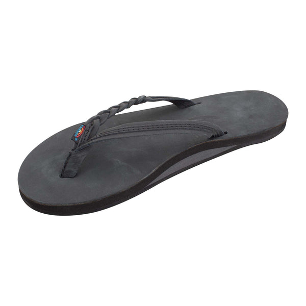 Women's Rainbow Sandals Flirty Braid Strap Flip Flops in black with braided leather straps and a cushioned footbed.