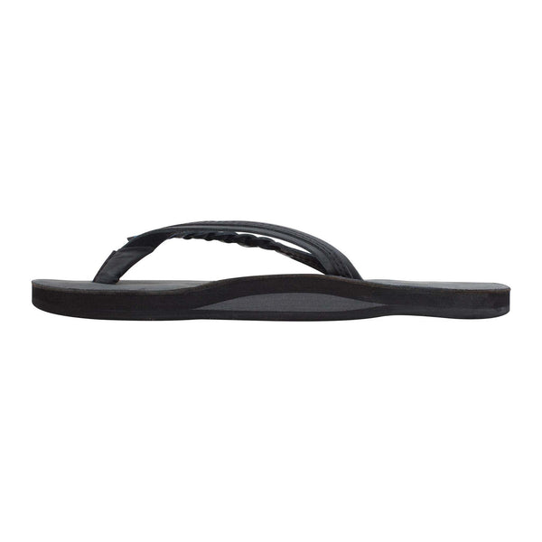 Side view of Women's Rainbow Sandals Flirty Braid Strap Flip Flops in Black with braided leather straps and a cushioned footbed.