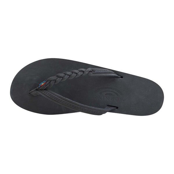 top view of Women's Rainbow Sandals Flirty Braid Strap Flip Flops in black with braided leather straps and a cushioned footbed.