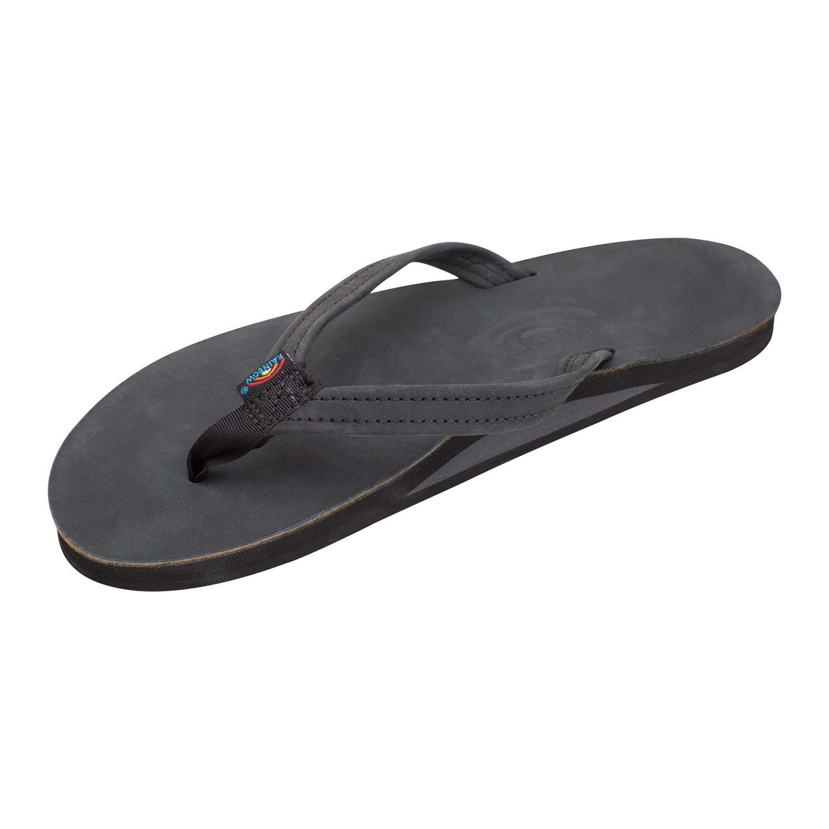 Women's Rainbow Single Layer Strap Sandal in black featuring a leather footbed, single-layer arch support, and classic thong style design.