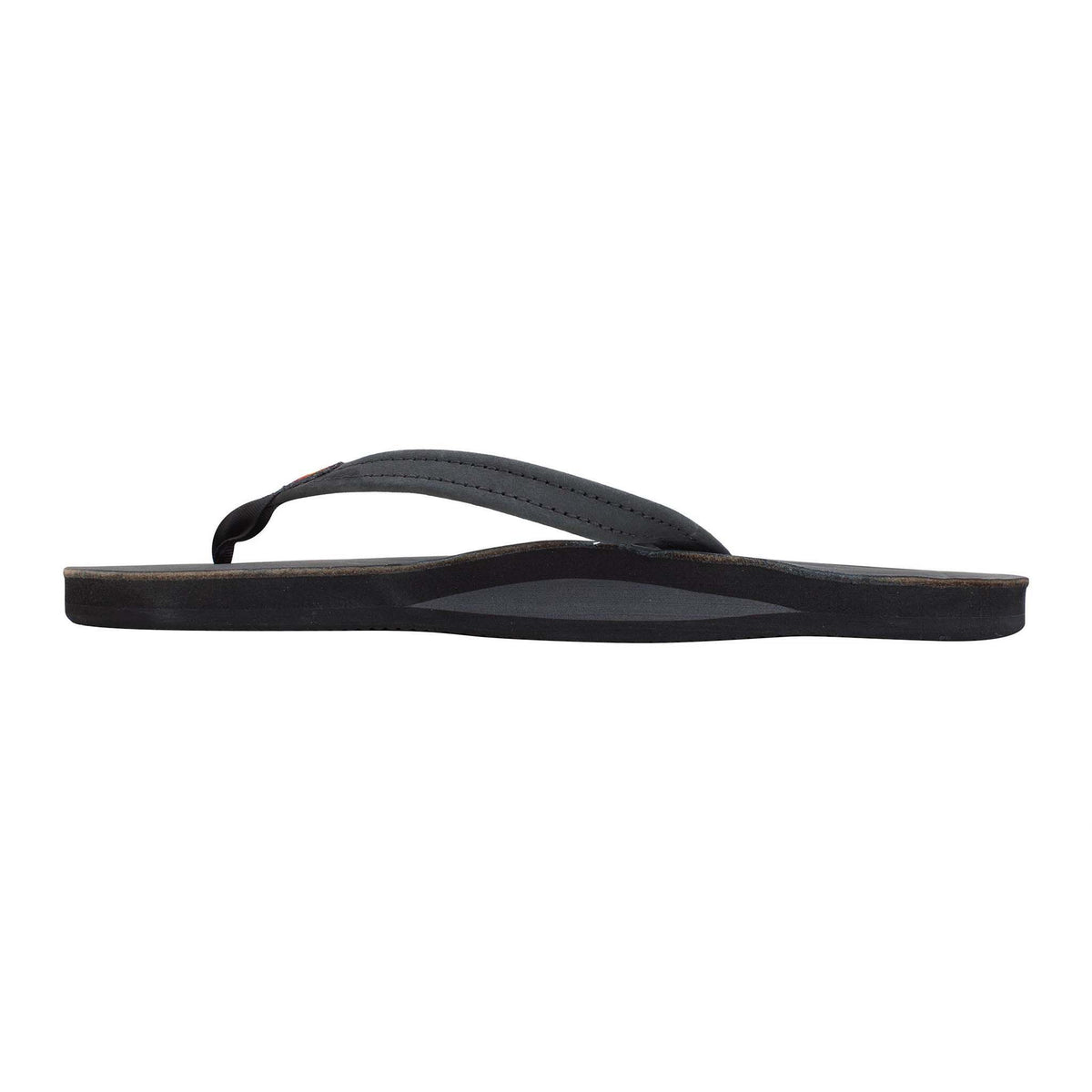 Side view Women's Rainbow Single Layer Strap Sandal in black featuring a leather footbed, single-layer arch support, and classic thong style design.
