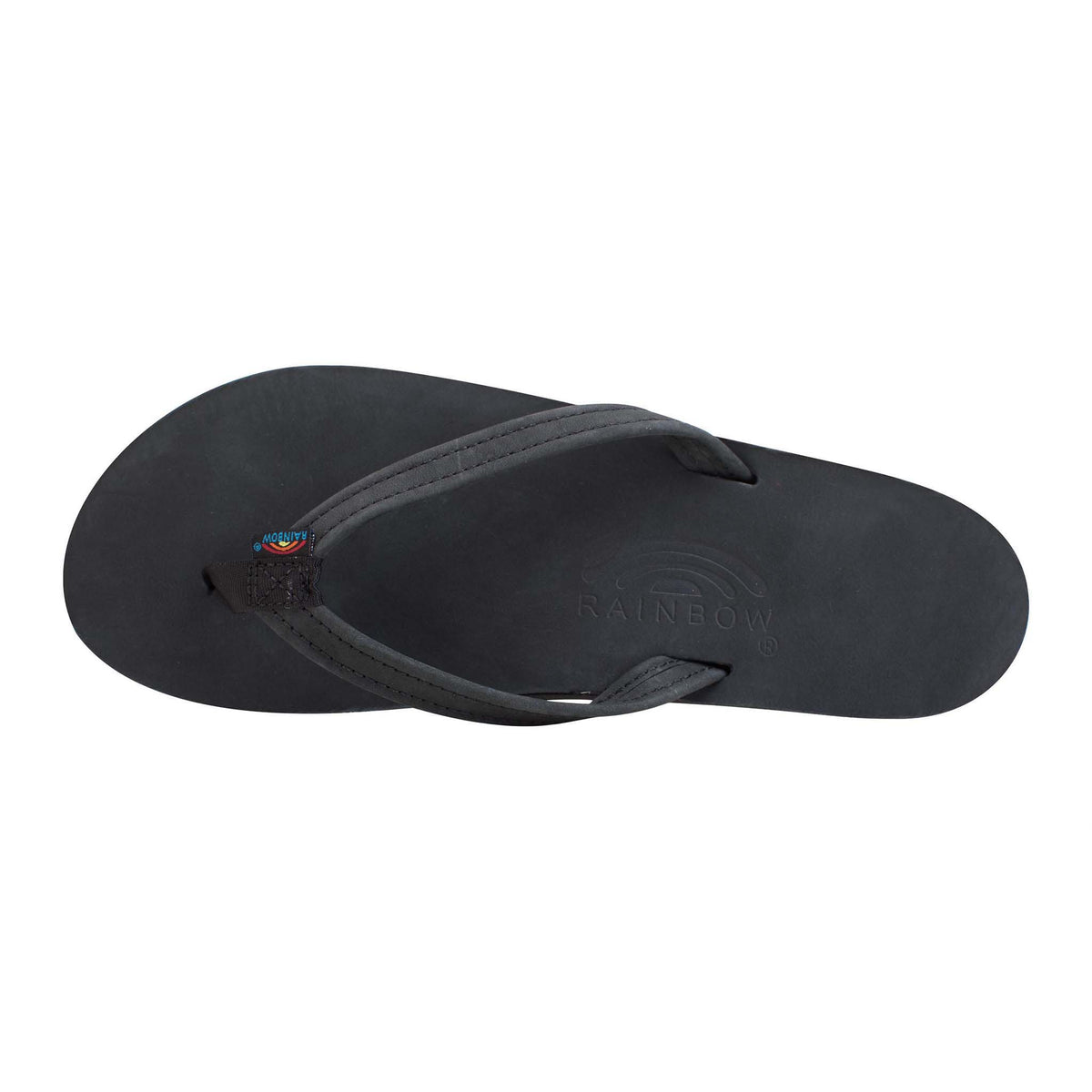 Top down view of women's Rainbow Single Layer Strap Sandal in black featuring a leather footbed, single-layer arch support, and classic thong style.