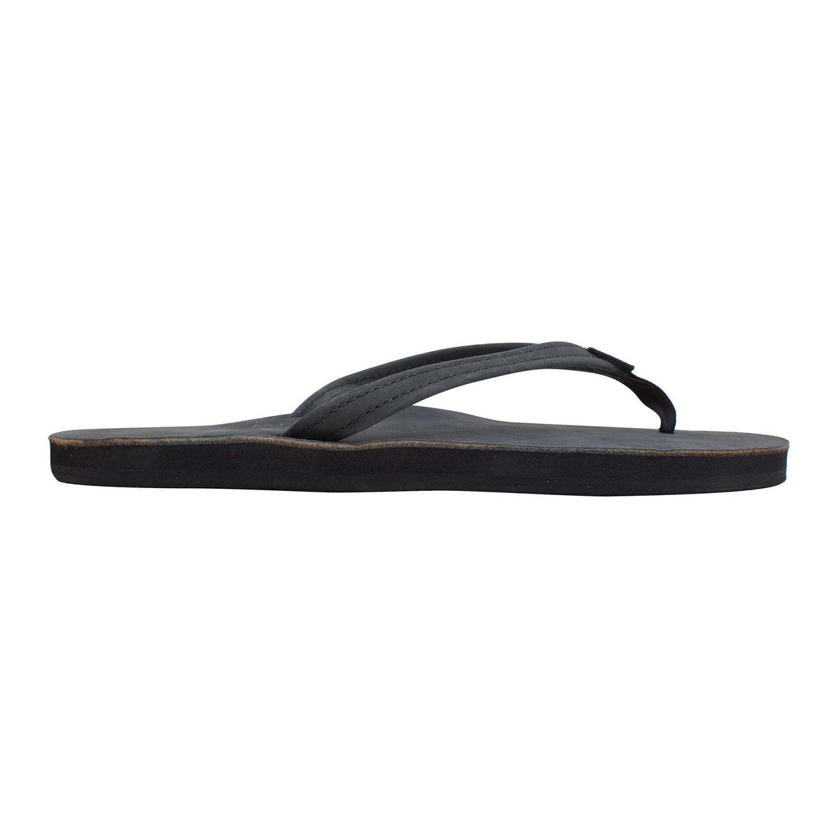 Side view Women's Rainbow Single Layer Strap Sandal in black featuring a leather footbed, single-layer arch support, and classic thong style design.