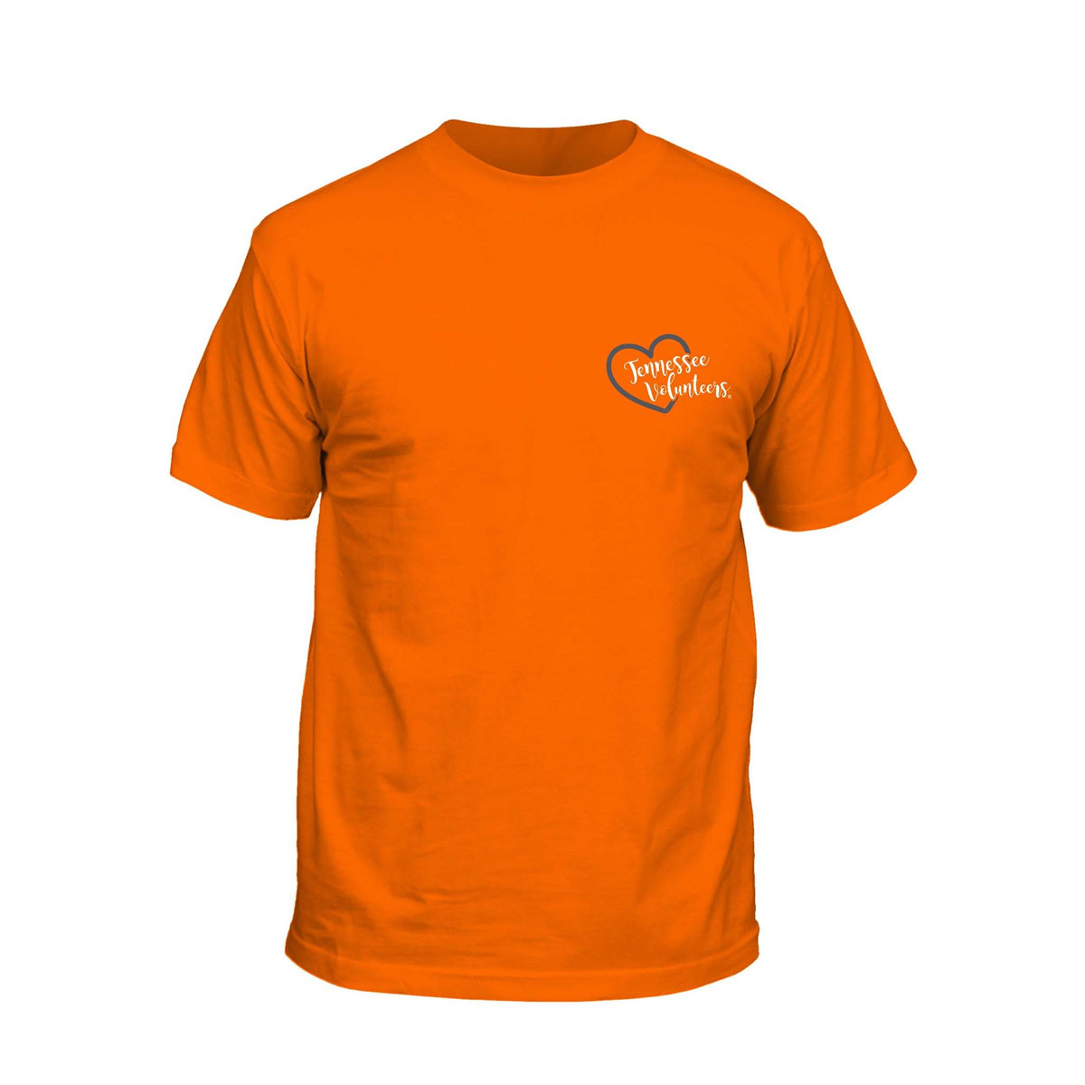Youth orange Tennessee Volunteers t-shirt with small heart graphic on chest containing Tennessee Volunteers text.