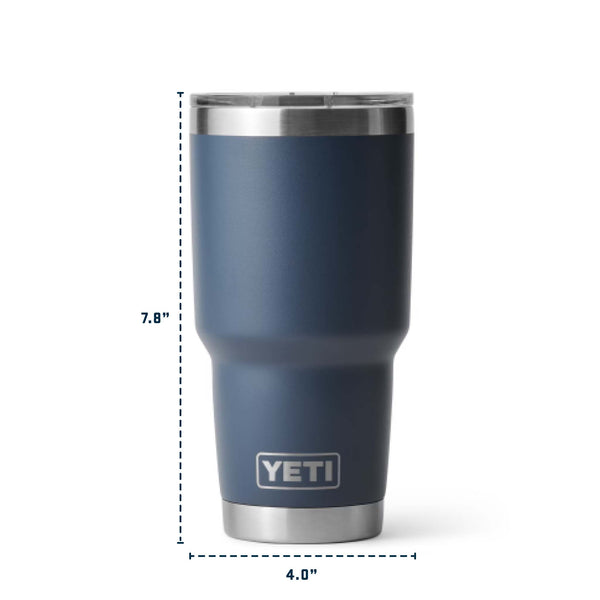 YETI Rambler 30oz Tumbler in Navy with stainless steel rim, clear lid, and height and width dimensions labeled.