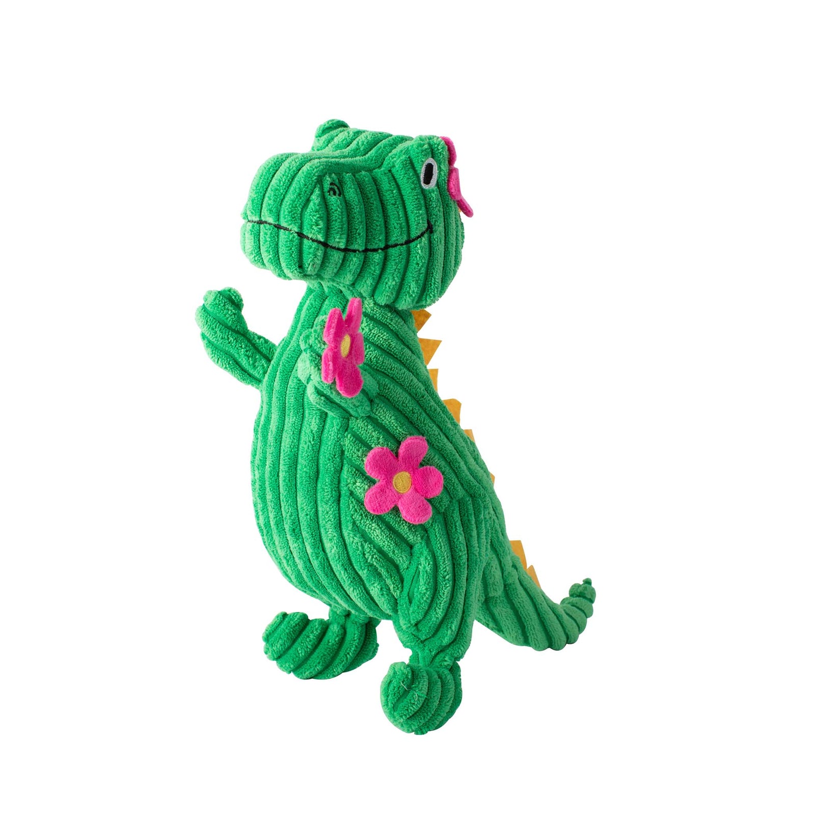 Green Floral T-Rex Dog Toy from Fringe Studio mesaring about 11.5 by 10 inches.