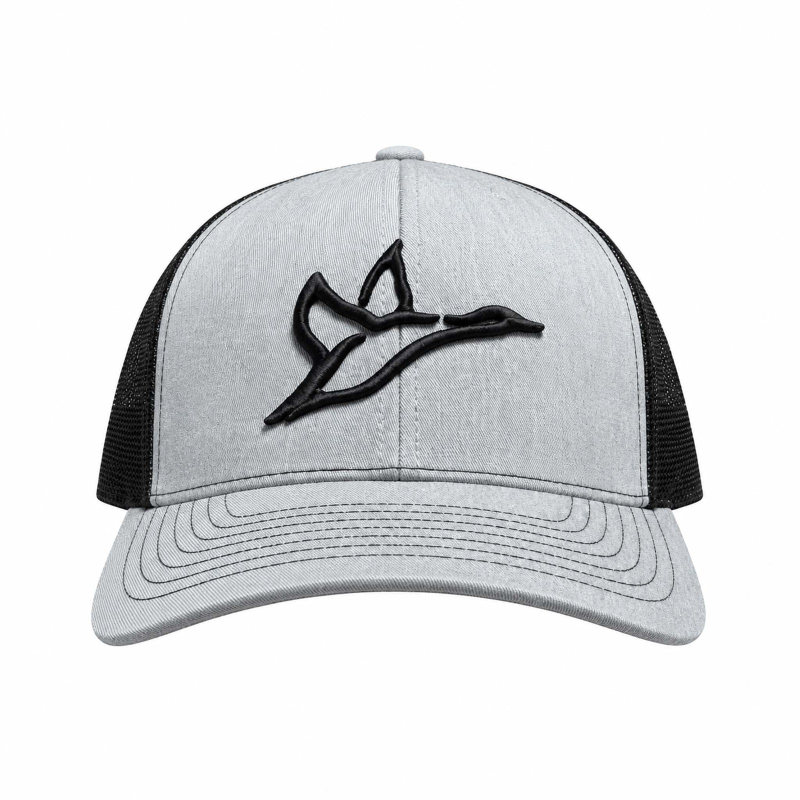 Combat Waterfowl Icon Trucker Hat in Black and Heather Grey