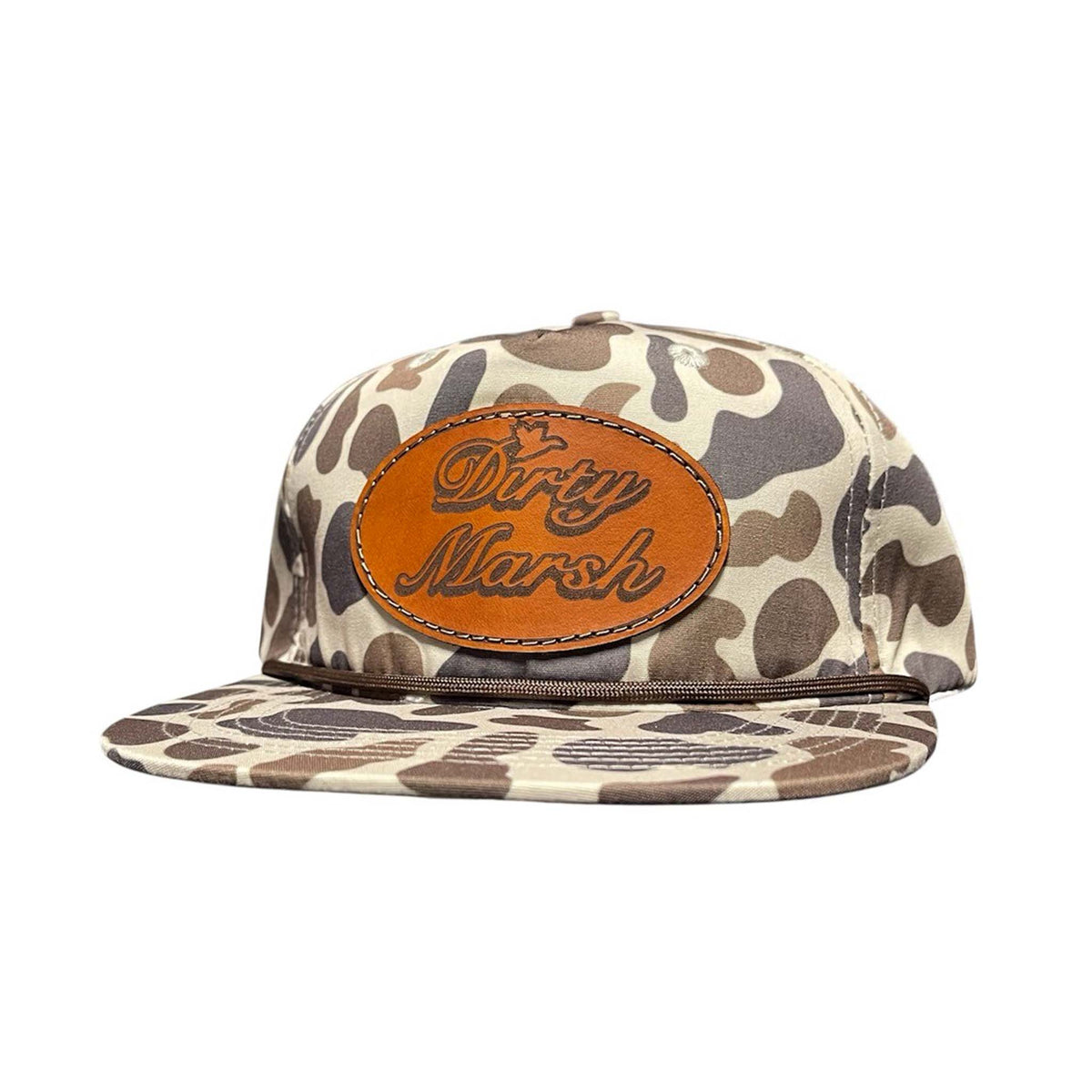 Dirty marsh camo hat with an oval leather patch sewn on the crown displaying the Dirty Marsh logo within.