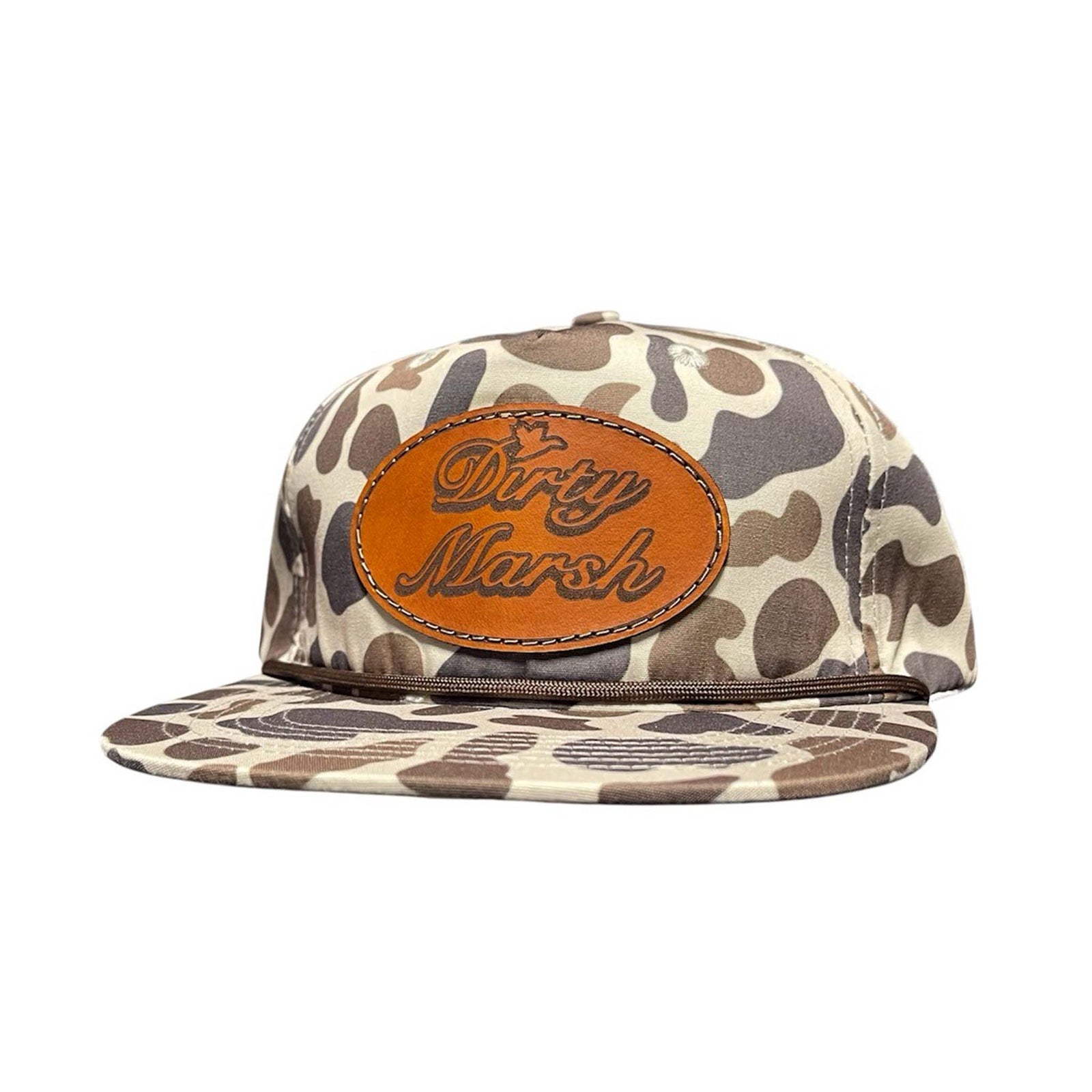 Dirty marsh camo hat with an oval leather patch sewn on the crown displaying the Dirty Marsh logo within.