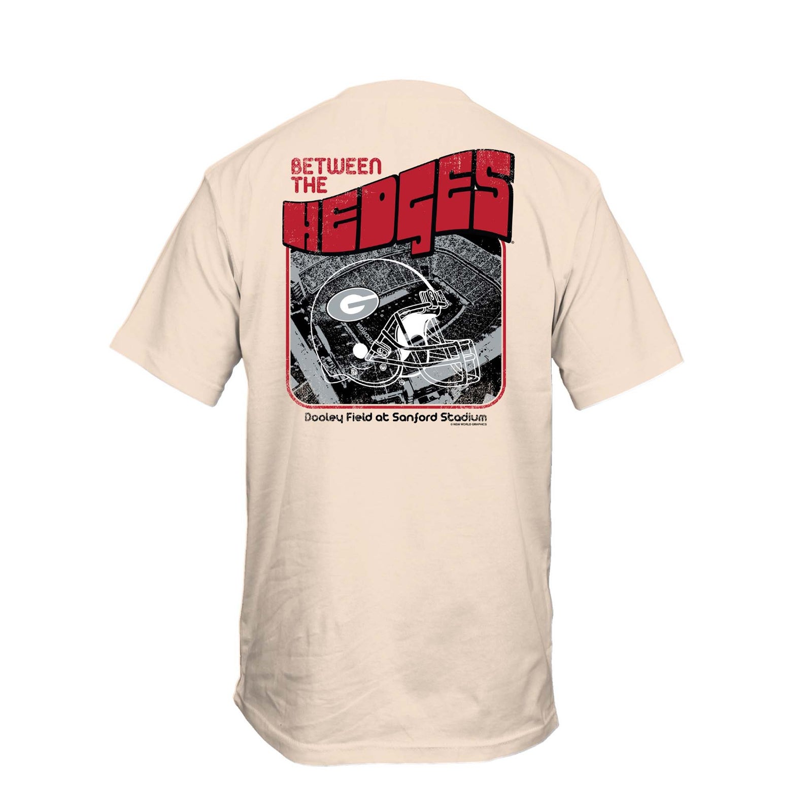Youth ivory Georgia Bulldogs t-shirt with back graphic of Sanford Stadium, Georgia helmet, and “Between the Hedges” text in red and black.