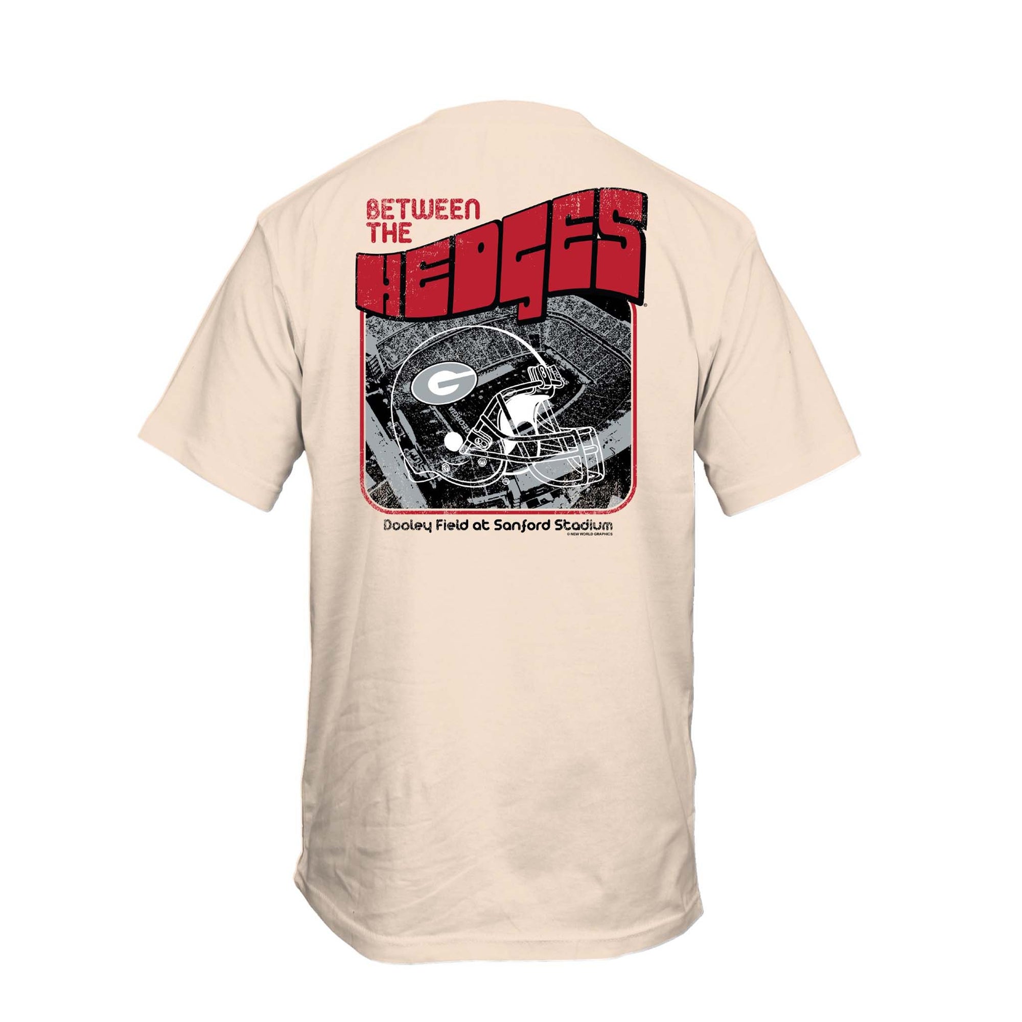 Youth ivory Georgia Bulldogs t-shirt with back graphic of Sanford Stadium, Georgia helmet, and “Between the Hedges” text in red and black.