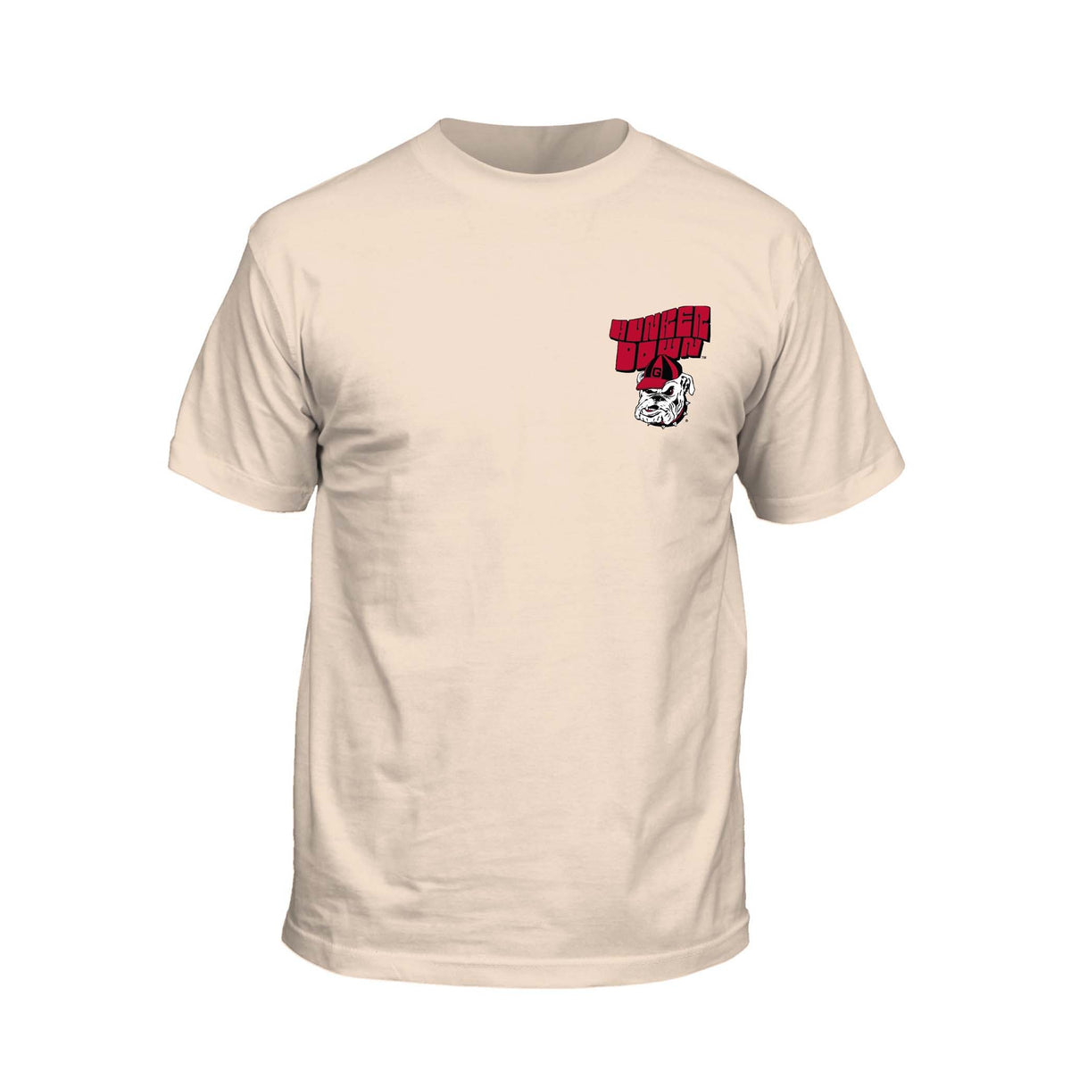 Youth ivory Georgia Bulldogs t-shirt with small chest graphic of Uga mascot and “Hunker Down” text in red.