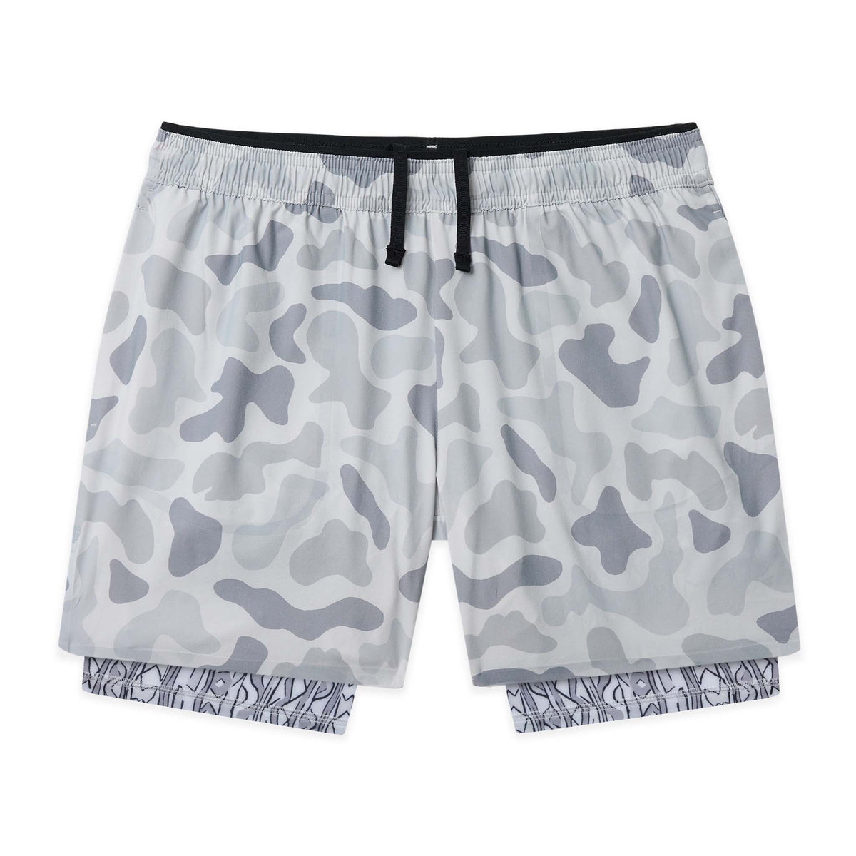 Men’s pastel grey camo training shorts with black drawstring waistband and patterned compression liner visible underneath.