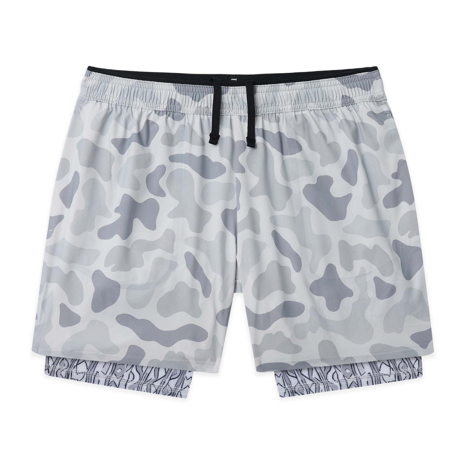 Men’s pastel grey camo training shorts with black drawstring waistband and patterned compression liner visible underneath.